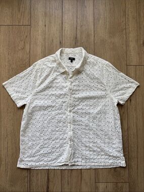 Express White Eyelet Shirt Men’s Large Short Sleeve Summer Cotton Button Up